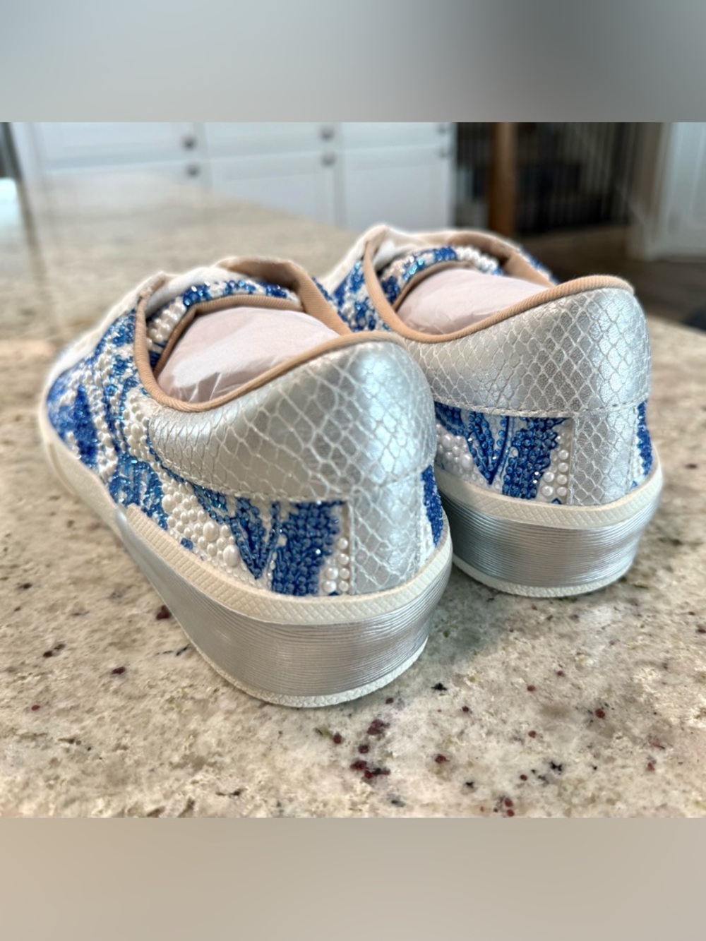 Betsey Johnson White and Blue Beaded Floral "Damon" Sneakers "NEW" - Picture 3 of 17